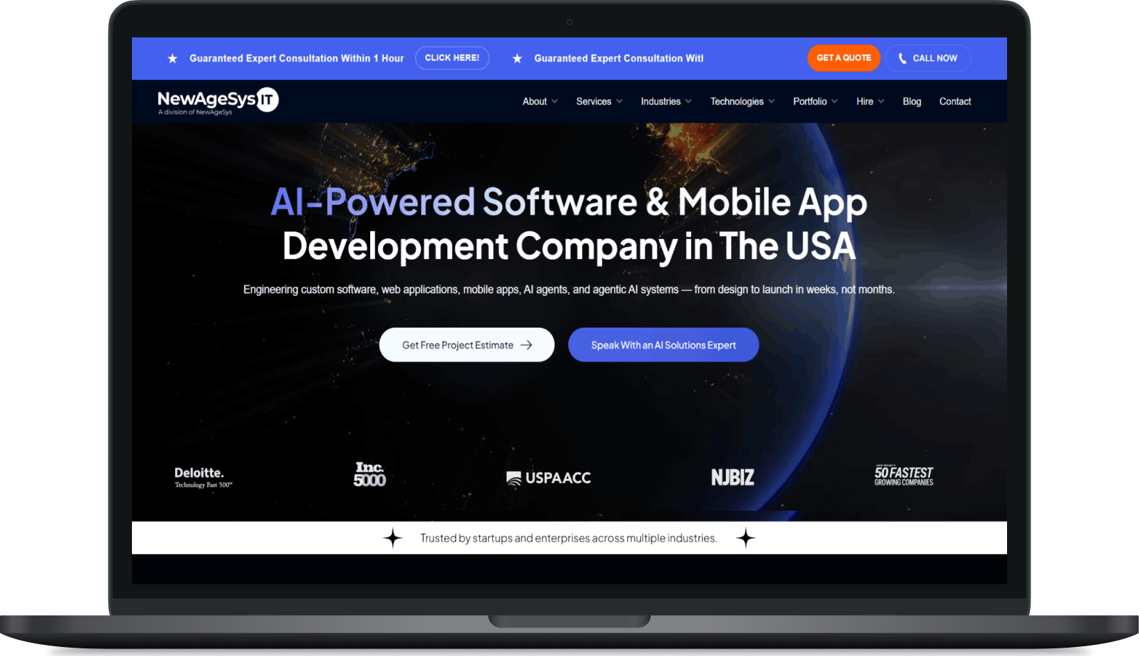 NewAgeSysIT homepage redesign displayed on a laptop