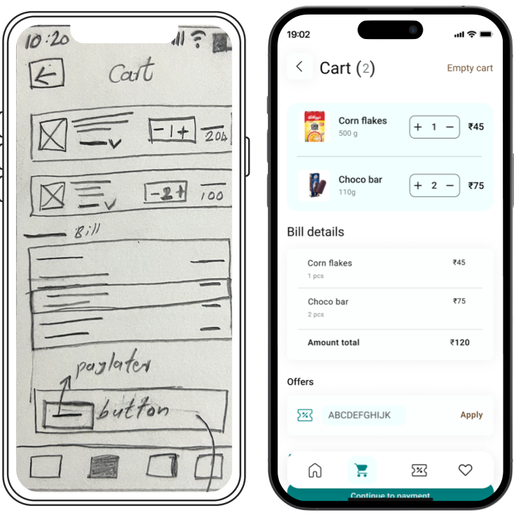 Mobile app wireframe and final design