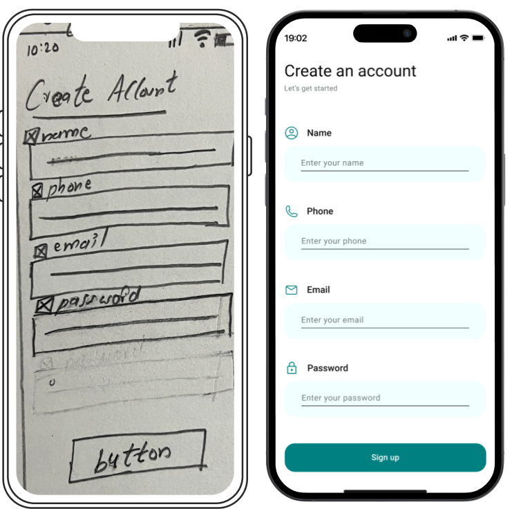 Mobile app wireframe and final design